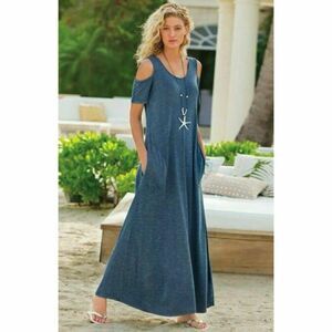 ✨Soft Surroundings Electra Cold Shoulder Blue Maxi Sz Large Dress✨